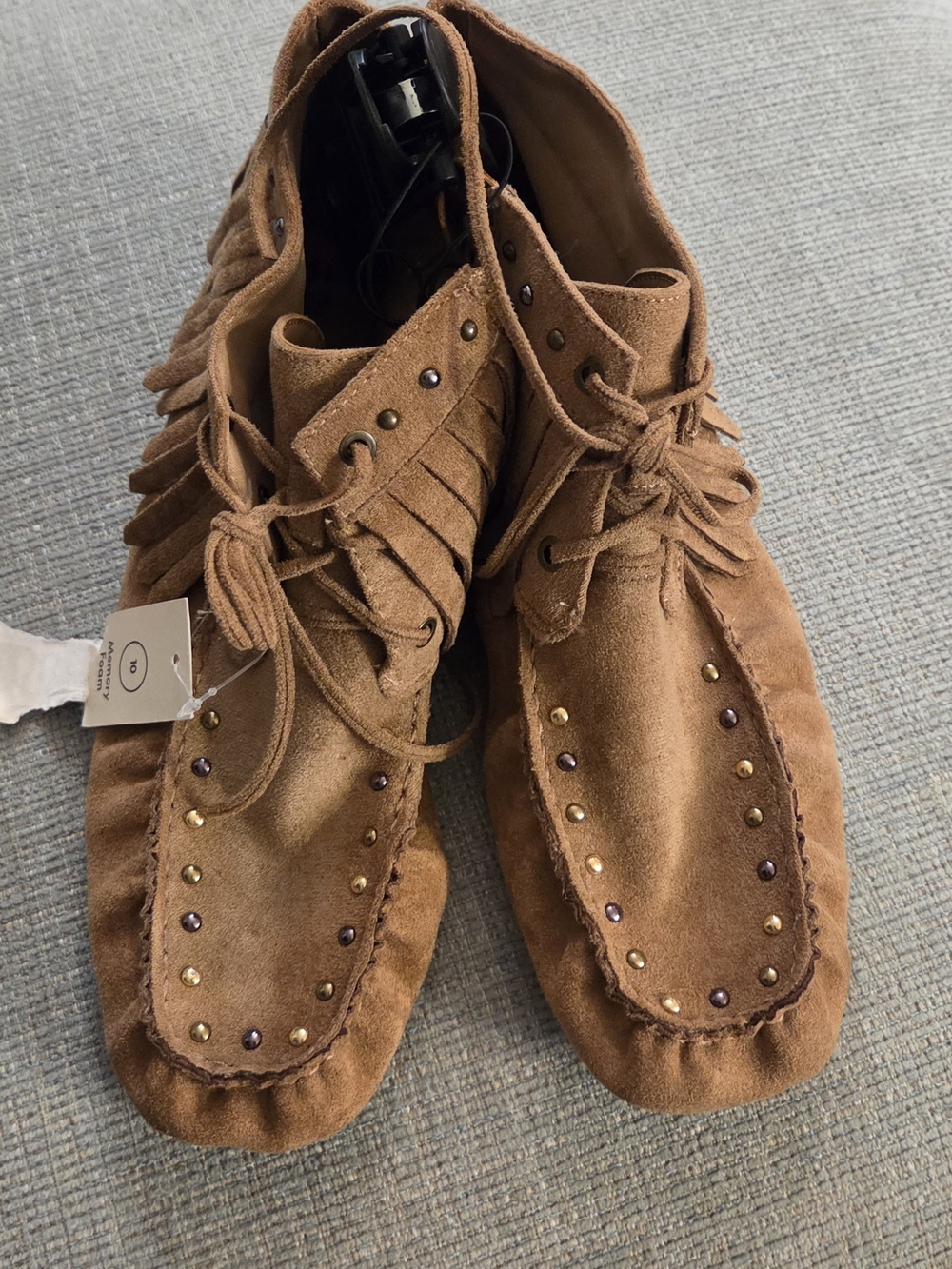 Fringed Suede Moccasins with Stud Detail in Brown